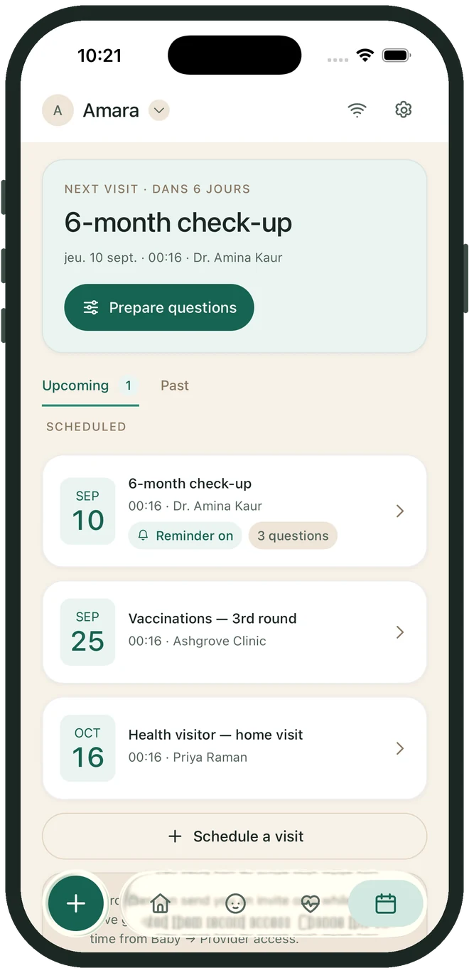 The visits screen: a six-month check-up in six days with a prepare-questions button, then scheduled vaccinations and a health-visitor home visit.