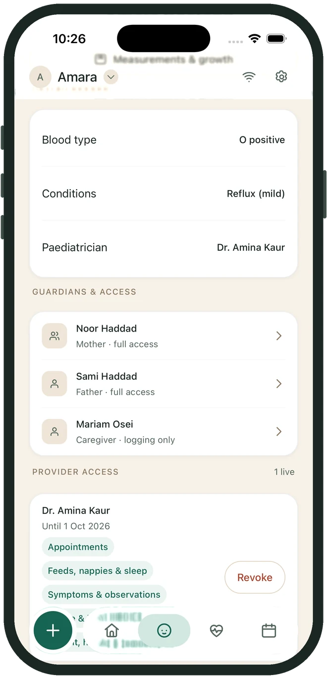 The guardians and access screen: three guardians with full or logging-only access, then an active invitation for Dr. Amina Kaur listing the five shared sections with a revoke button and a link to who has looked at this record.